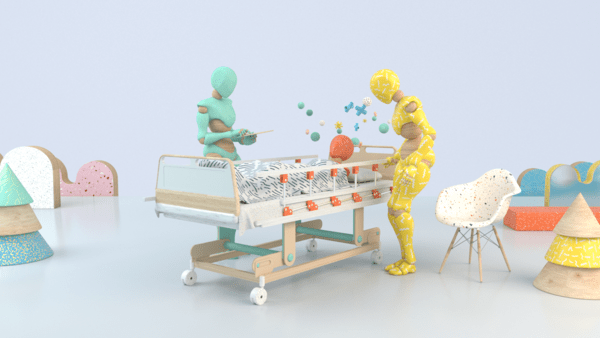 Human-like figure with delirium in a hospital bed with physician and family member.