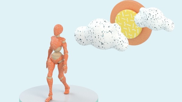 Human-like figure walking in an outdoor environment.