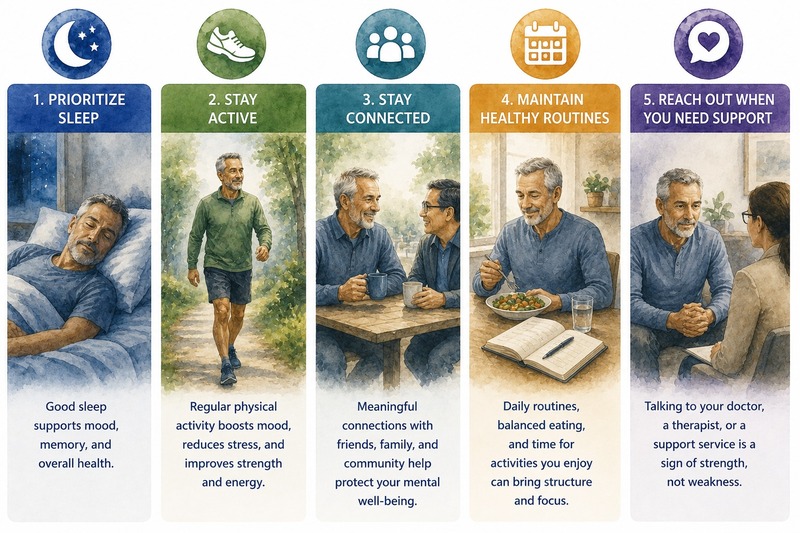 Infographic highlighting five ways men can support their mental health: prioritize sleep, stay active, stay connected, maintain healthy routines, and reach out for support when needed.